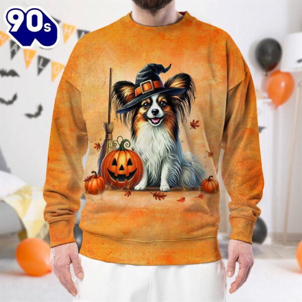 Papillon Dog In Spooky Autumn Halloween 3D Shirt  For Man And Women