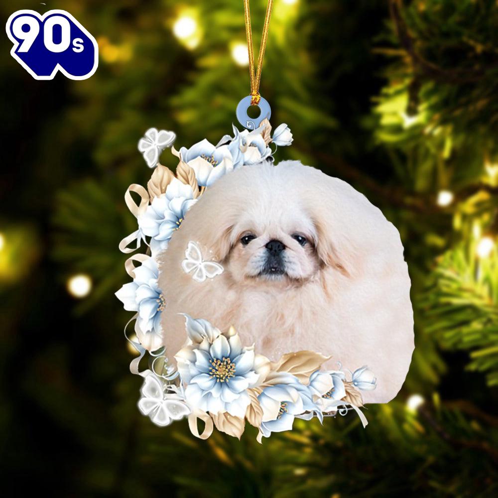 Pekingese Flowers Moon Ornament, Gift For Christmas Pekingese Flowers Moon Ornament, Gift For Christmas