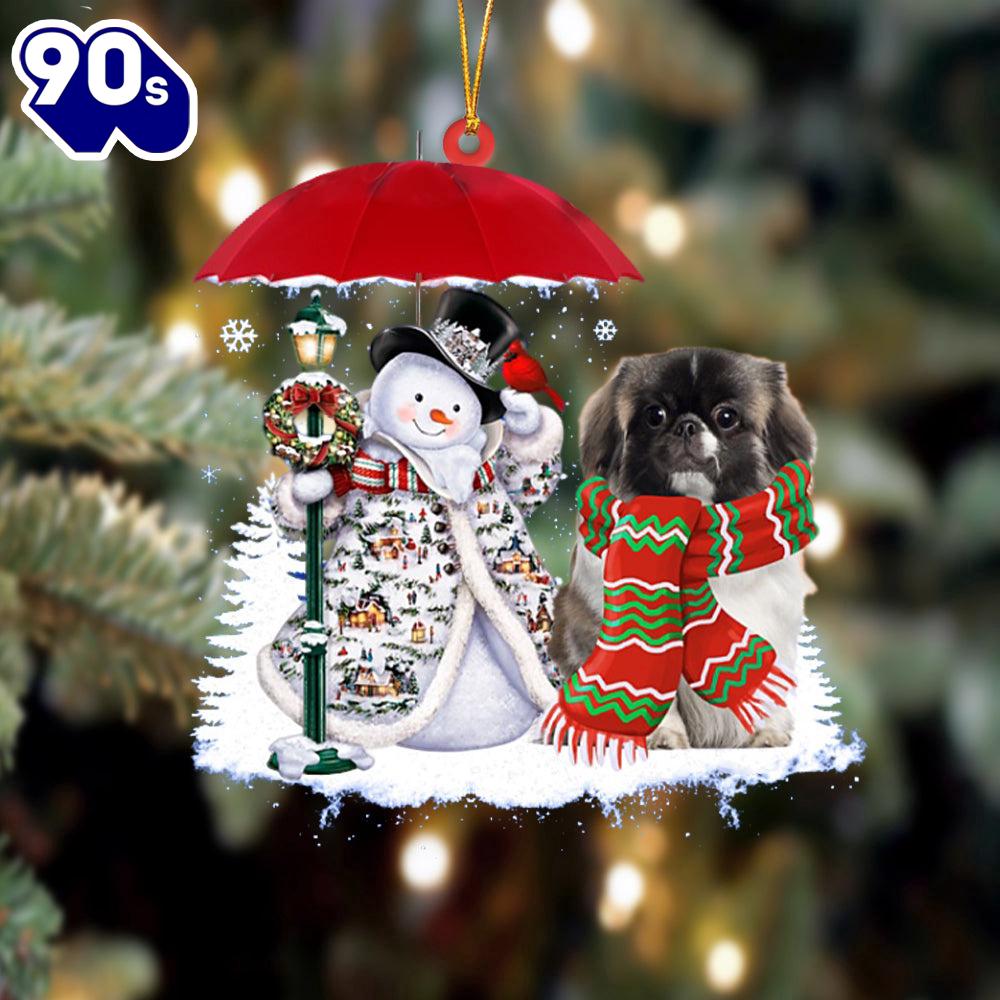 Pekingese With Snowman Christmas Ornament, Gift For Christmas Pekingese With Snowman Christmas Ornament, Gift For Christmas