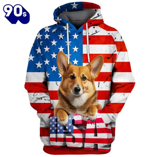 Pembroke Welsh Corgi Dog 2 3D Face Graphic Premium America Flag Hoodie   Gift Christmas