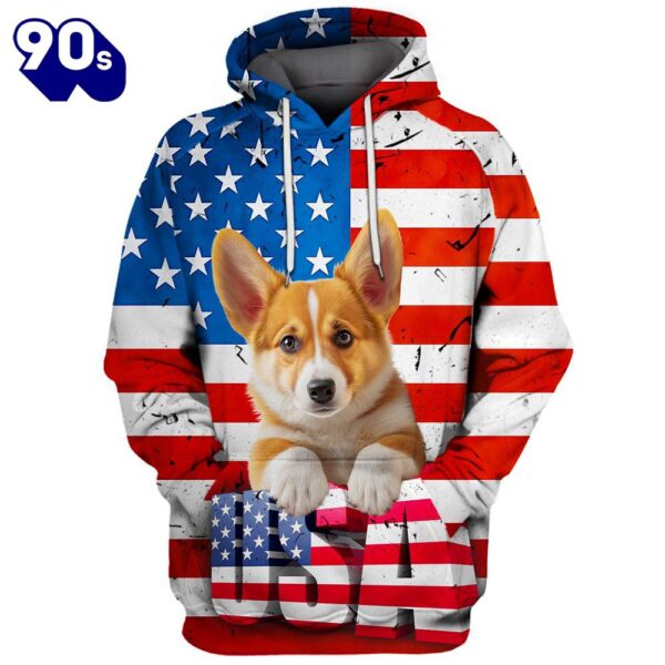 Pembroke Welsh Corgi Dog 3 3D Face Graphic Premium America Flag Hoodie   Gift Christmas