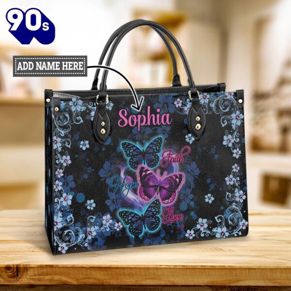 Personalized Butterfly Faith Hope Love Purple Leather Bag , Christian Bags  Gift For Women Christmas