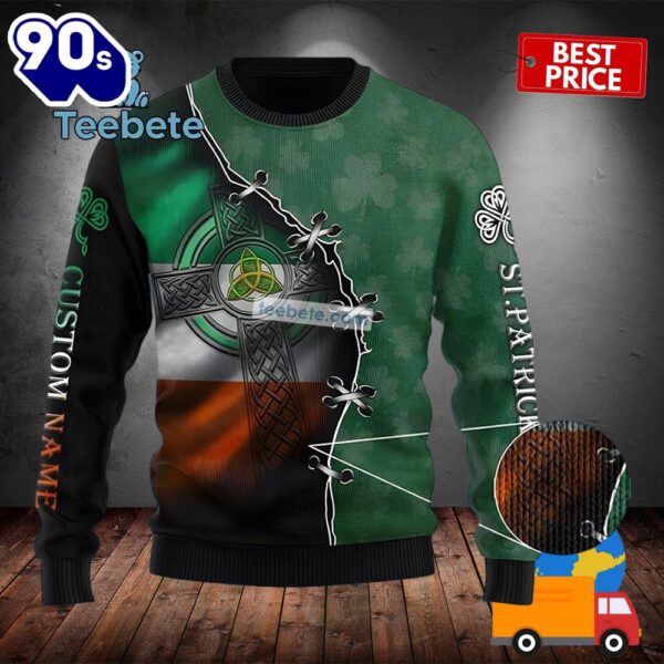 Personalized Irish Celtic Cross St Patrick Green Mens Ugly Sweater 2025
