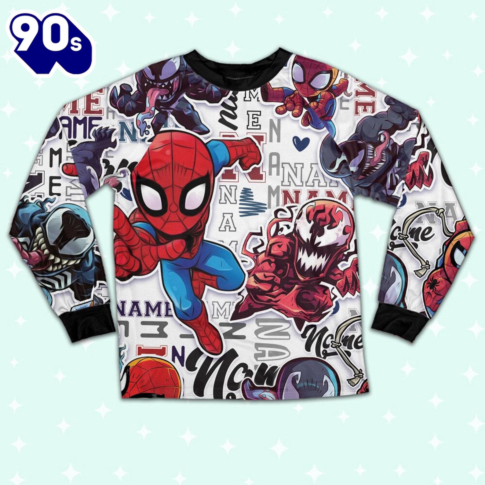 Personalized Name Spidey Man Friends Vs Venom Comic Pajamas - Movie Cartoon Holiday Pajamas Personalized Name Spidey Man Friends Vs Venom Comic Pajamas - Movie Cartoon Holiday Pajamas