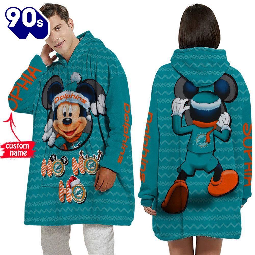 Personalized NFL Miami Dolphins Disney Mickey Blanket Hoodie Personalized NFL Miami Dolphins Disney Mickey Blanket Hoodie