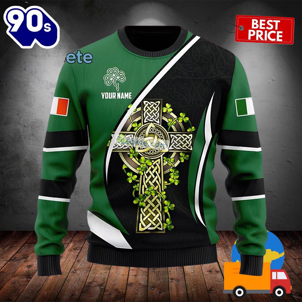 Personalized St Patrick Celtic Cross And Shamrock Green Funny Ugly Xmas Sweaters 2025 Personalized St Patrick Celtic Cross And Shamrock Green Funny Ugly Xmas Sweaters 2025