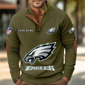 Philadelphia Eagles Button Up Shirts Stand Collar Long Sleeve Shirt Elbow Patches