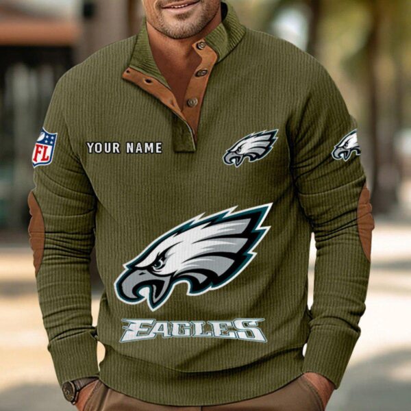 Philadelphia Eagles Button Up Shirts Stand Collar Long Sleeve Shirt Elbow Patches