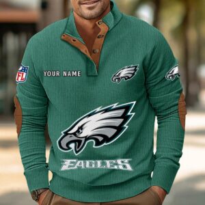 Philadelphia Eagles Button Up Shirts Stand Collar Long Sleeve Shirt Elbow Patches