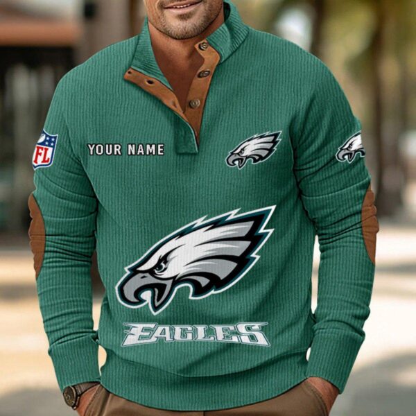 Philadelphia Eagles Button Up Shirts Stand Collar Long Sleeve Shirt Elbow Patches