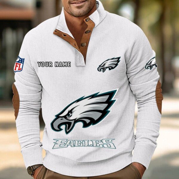 Philadelphia Eagles Button Up Shirts Stand Collar Long Sleeve Shirt Elbow Patches