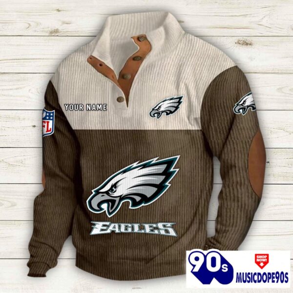 Philadelphia Eagles Button Up Shirts Stand Collar Long Sleeve Shirt Elbow Patches