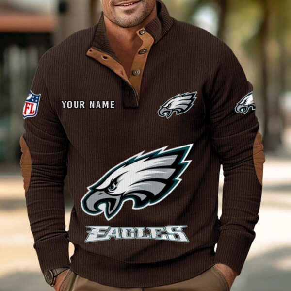 Philadelphia Eagles Button Up Shirts Stand Collar Long Sleeve Shirt Elbow Patches