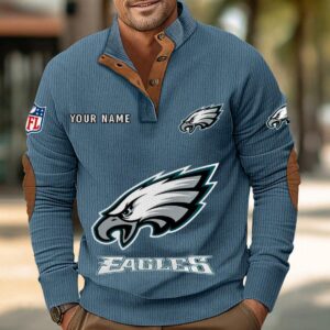 Philadelphia Eagles Button Up Shirts Stand Collar Long Sleeve Shirt Elbow Patches