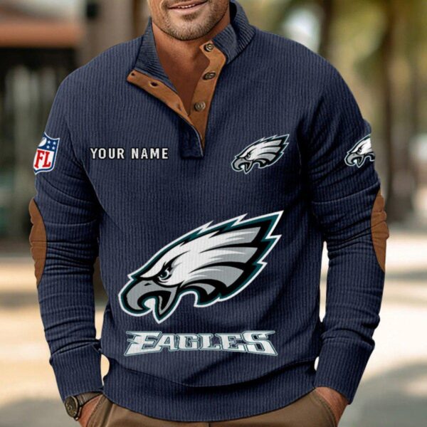 Philadelphia Eagles Button Up Shirts Stand Collar Long Sleeve Shirt Elbow Patches