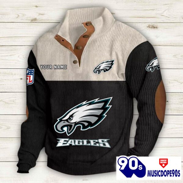 Philadelphia Eagles Button Up Shirts Stand Collar Long Sleeve Shirt Elbow Patches