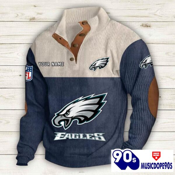 Philadelphia Eagles Button Up Shirts Stand Collar Long Sleeve Shirt Elbow Patches