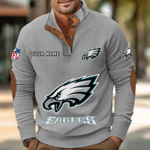 Philadelphia Eagles Button Up Shirts Stand Collar Long Sleeve Shirt Elbow Patches