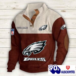 Philadelphia Eagles Button Up Shirts Stand Collar Long Sleeve Shirt Elbow Patches