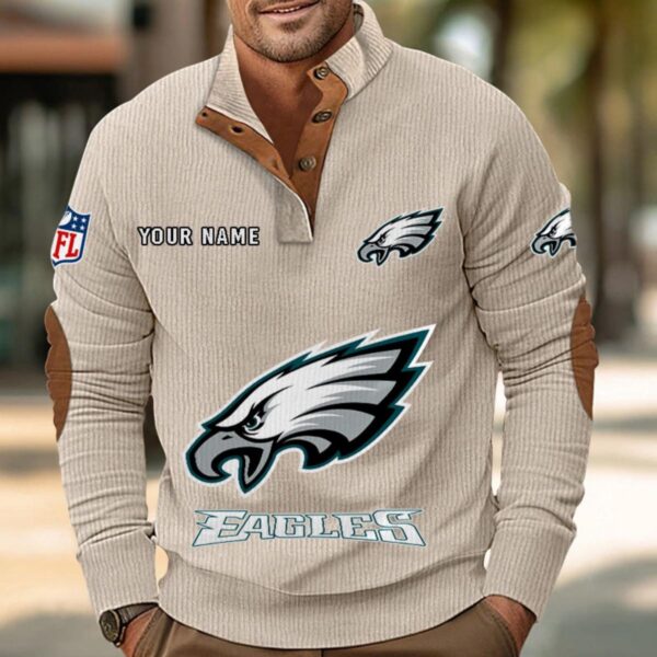 Philadelphia Eagles Button Up Shirts Stand Collar Long Sleeve Shirt Elbow Patches