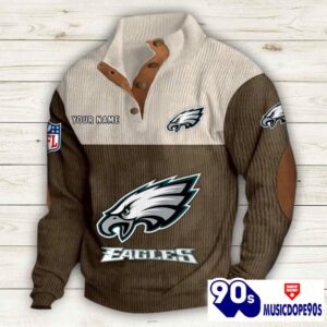 Philadelphia Eagles Button Up Shirts Stand Collar Long Sleeve Shirt Elbow Patches