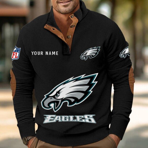 Philadelphia Eagles Button Up Shirts Stand Collar Long Sleeve Shirt Elbow Patches