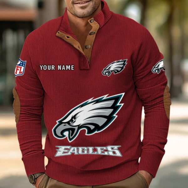 Philadelphia Eagles Button Up Shirts Stand Collar Long Sleeve Shirt Elbow Patches