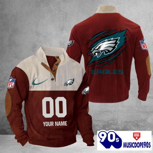 Philadelphia Eagles Vintage Button Up Shirts Stand Collar Long Sleeve Shirt Elbow Patches