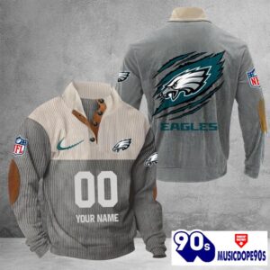 Philadelphia Eagles Vintage Button Up Shirts Stand Collar Long Sleeve Shirt Elbow Patches