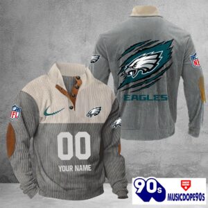 Philadelphia Eagles Vintage Button Up Shirts Stand Collar Long Sleeve Shirt Elbow Patches