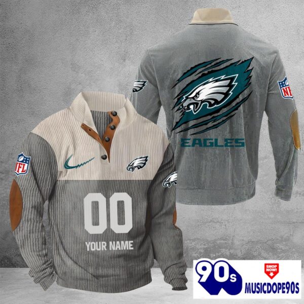 Philadelphia Eagles Vintage Button Up Shirts Stand Collar Long Sleeve Shirt Elbow Patches