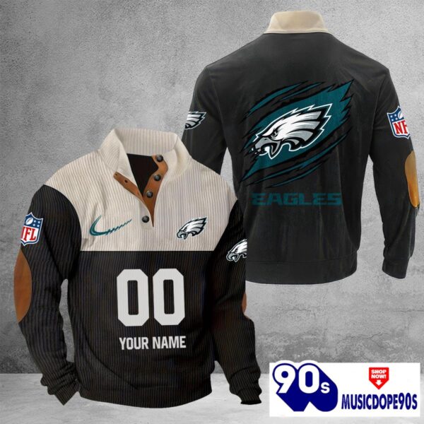 Philadelphia Eagles Vintage Button Up Shirts Stand Collar Long Sleeve Shirt Elbow Patches