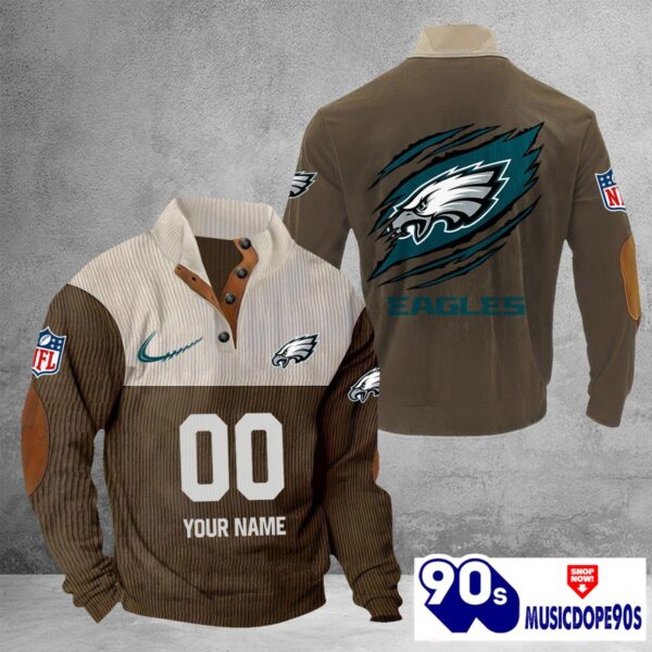 Philadelphia Eagles Vintage Button Up Shirts Stand Collar Long Sleeve Shirt Elbow Patches