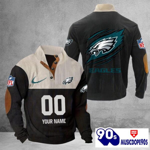 Philadelphia Eagles Vintage Button Up Shirts Stand Collar Long Sleeve Shirt Elbow Patches