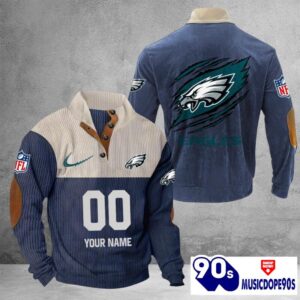 Philadelphia Eagles Vintage Button Up Shirts Stand Collar Long Sleeve Shirt Elbow Patches