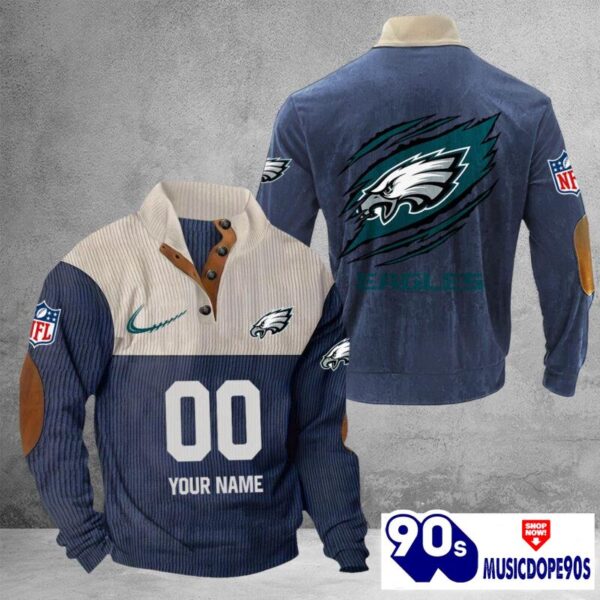 Philadelphia Eagles Vintage Button Up Shirts Stand Collar Long Sleeve Shirt Elbow Patches