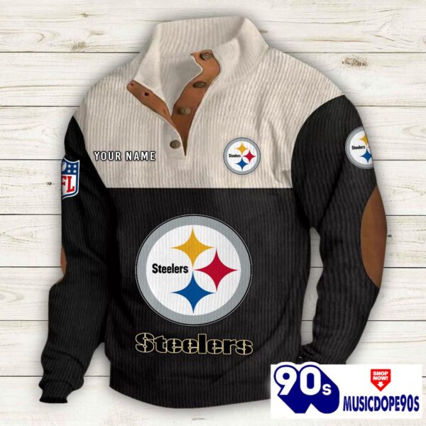 Pittsburgh Steelers Button Up Shirts Stand Collar Long Sleeve Shirt Elbow Patches