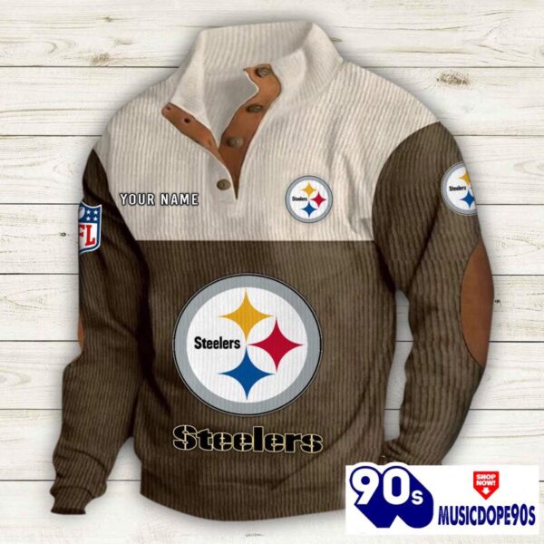 Pittsburgh Steelers Button Up Shirts Stand Collar Long Sleeve Shirt Elbow Patches