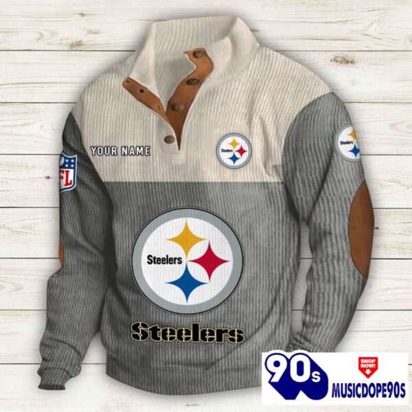 Pittsburgh Steelers Button Up Shirts Stand Collar Long Sleeve Shirt Elbow Patches