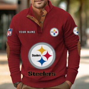 Pittsburgh Steelers Button Up Shirts Stand Collar Long Sleeve Shirt Elbow Patches
