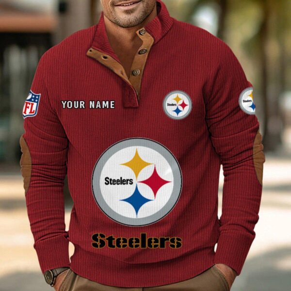 Pittsburgh Steelers Button Up Shirts Stand Collar Long Sleeve Shirt Elbow Patches