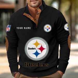 Pittsburgh Steelers Button Up Shirts Stand Collar Long Sleeve Shirt Elbow Patches