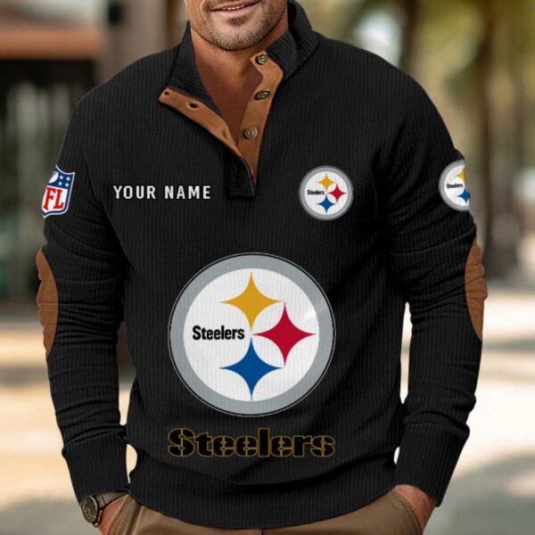 Pittsburgh Steelers Button Up Shirts Stand Collar Long Sleeve Shirt Elbow Patches