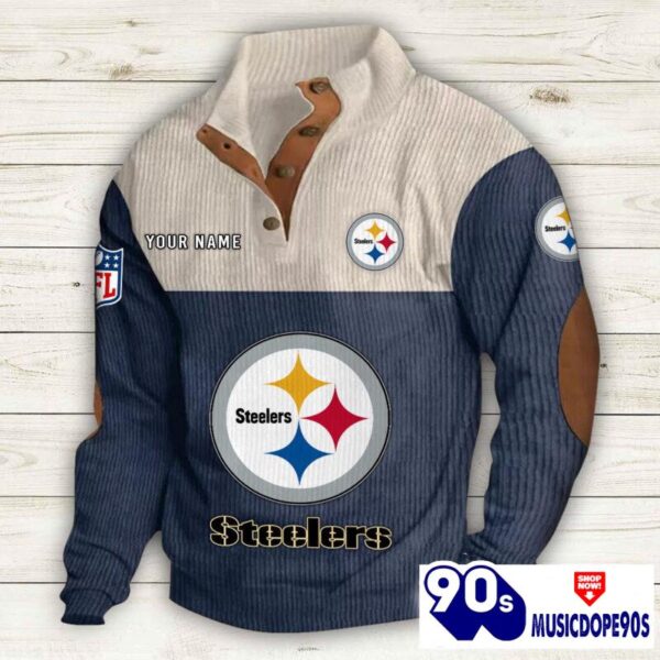 Pittsburgh Steelers Button Up Shirts Stand Collar Long Sleeve Shirt Elbow Patches