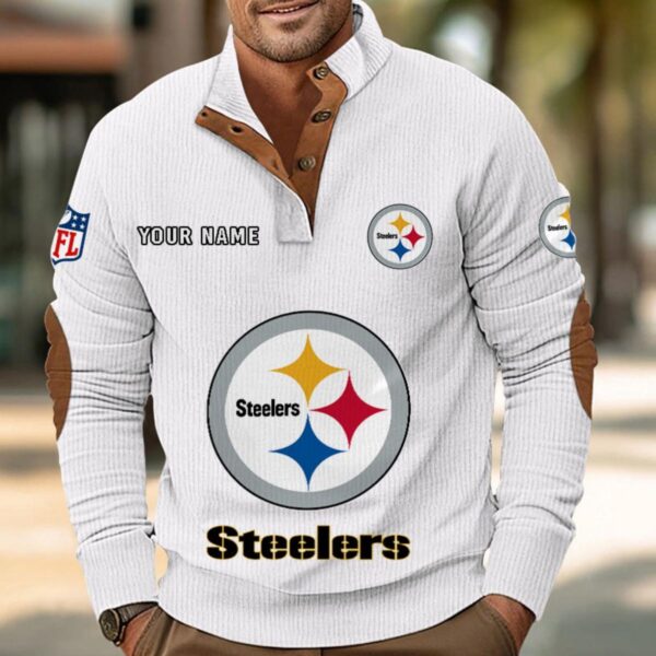Pittsburgh Steelers Button Up Shirts Stand Collar Long Sleeve Shirt Elbow Patches