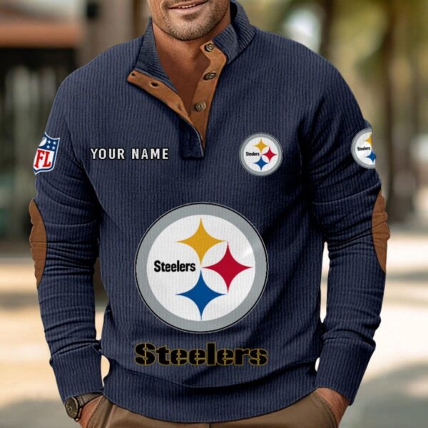 Pittsburgh Steelers Button Up Shirts Stand Collar Long Sleeve Shirt Elbow Patches