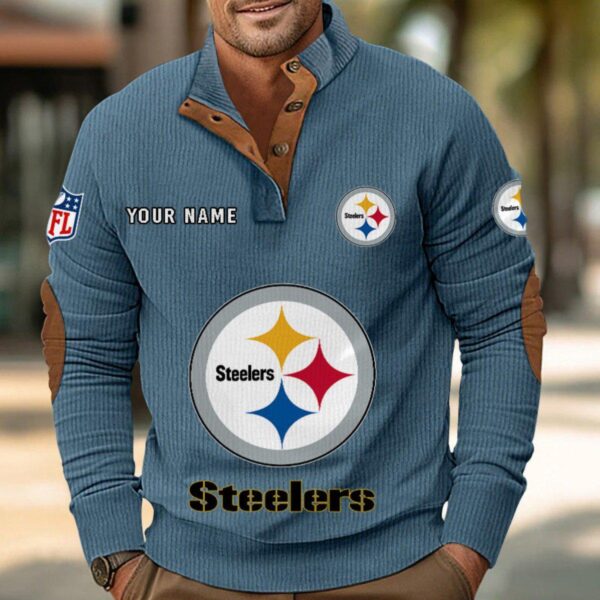 Pittsburgh Steelers Button Up Shirts Stand Collar Long Sleeve Shirt Elbow Patches