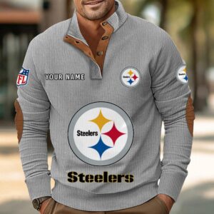 Pittsburgh Steelers Button Up Shirts Stand Collar Long Sleeve Shirt Elbow Patches