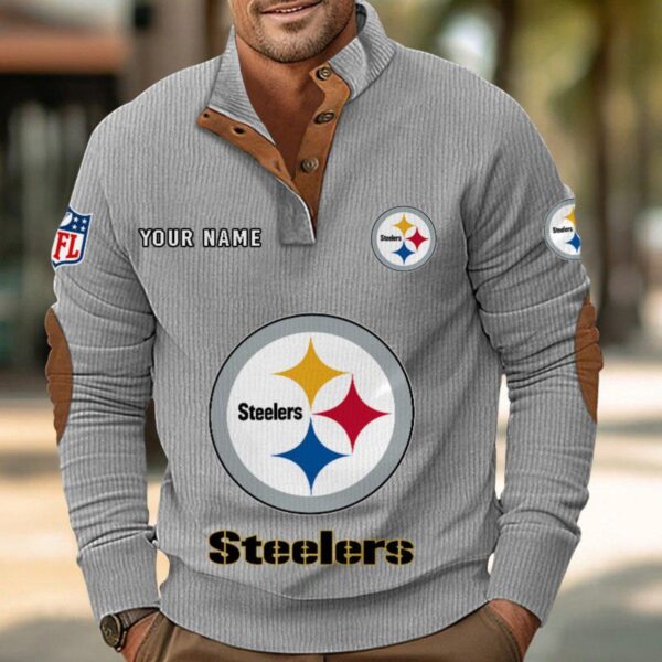 Pittsburgh Steelers Button Up Shirts Stand Collar Long Sleeve Shirt Elbow Patches
