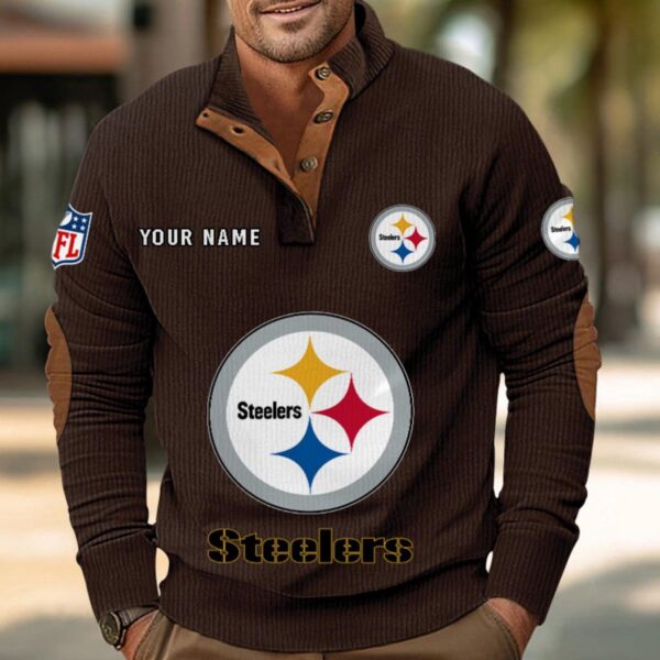 Pittsburgh Steelers Button Up Shirts Stand Collar Long Sleeve Shirt Elbow Patches